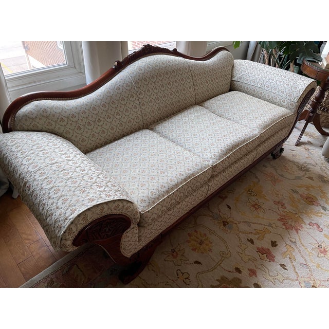Mid 20th Century Vintage Duncan Phyfe-Style Victorian Camelback Sofa With Floral Carvings and Carolyn Fabrics Reupholstery For Sale - Image 5 of 12