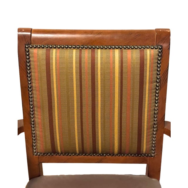 Traditional Wood Accent Armchair With Striped Upholstered Back and Nailhead Trim For Sale In Greensboro - Image 6 of 6