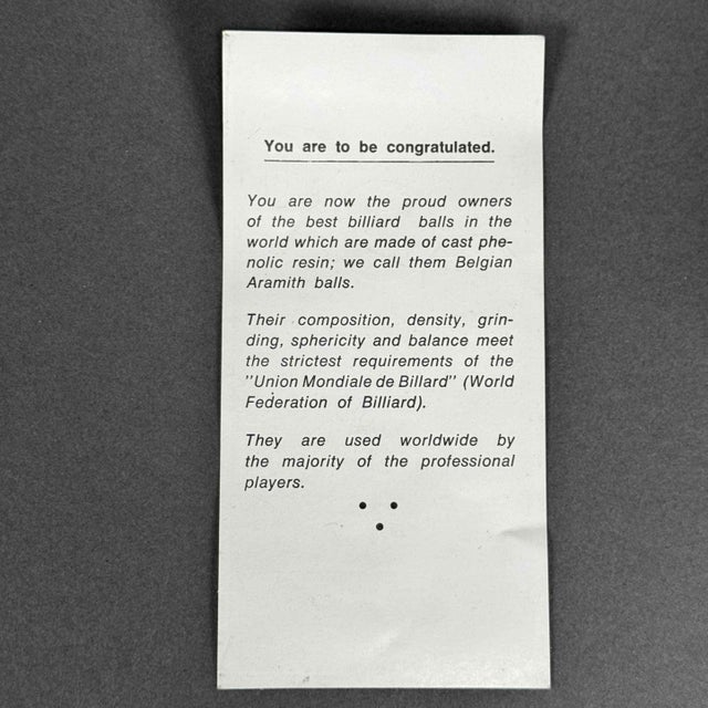 Vintage 70s Aramith Belgian Billiard 2 1/4" Pool Ball Set W/ Box & 9 Ball Rack - Set of 16 For Sale - Image 11 of 11