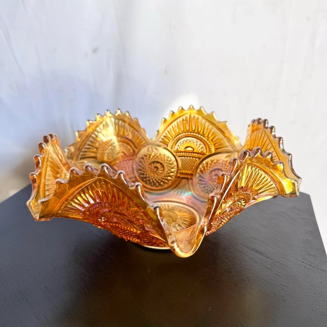 Glass Vintage Marigold Carnival Glass Bowl For Sale - Image 7 of 7