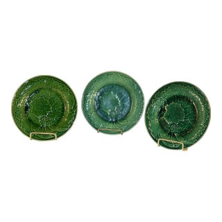 Set of 3 English Green Majolica Leaf Plates For Sale