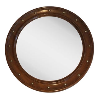Circa 1950 French Round Wood and Brass Mirror in the Style of Jean Royère For Sale