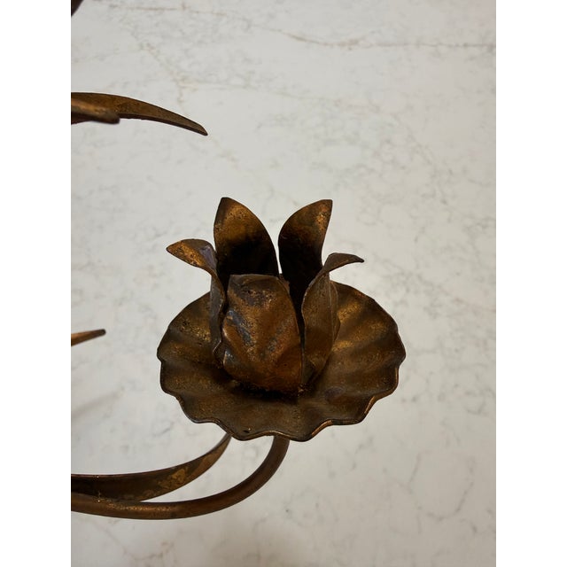 Rare vintage tole metal “sheath of wheat” wall sconce holds two candles. Hanging hook at top back. Original “Nora Fenton...