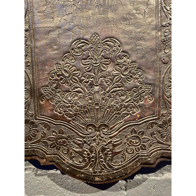 Wood 18th Century Portuguese Embossed Leather Panels W/Heraldic Crest & Brass Studs- A Pair For Sale - Image 7 of 12