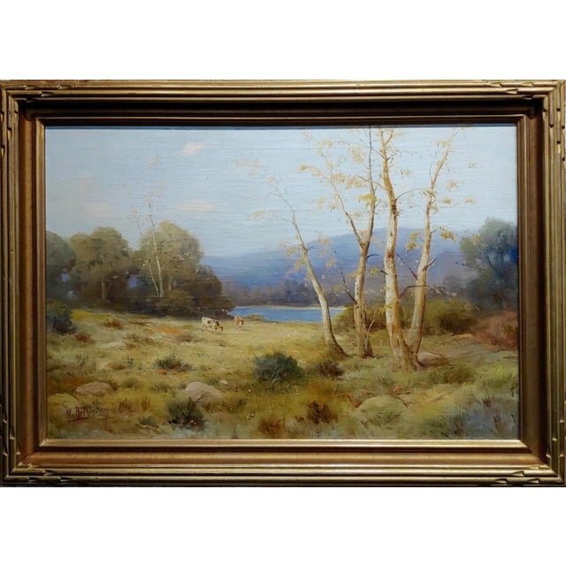 Quaint Pastoral Landscape by the Lake -19th century Oil painting oil painting on canvas -Signed circa 1880s frame size 40...
