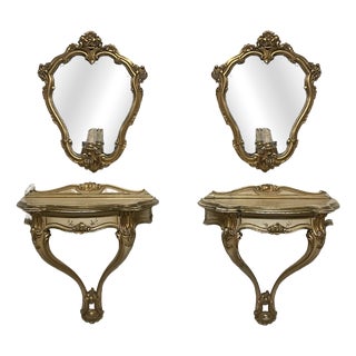 Wall-Mounted Console Tables with Mirrors and Wall Lamps, 1940s, Set of 4 For Sale