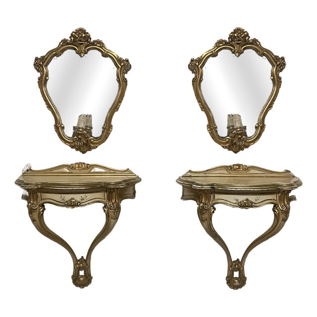 Wall-Mounted Console Tables with Mirrors and Wall Lamps, 1940s, Set of 4 For Sale