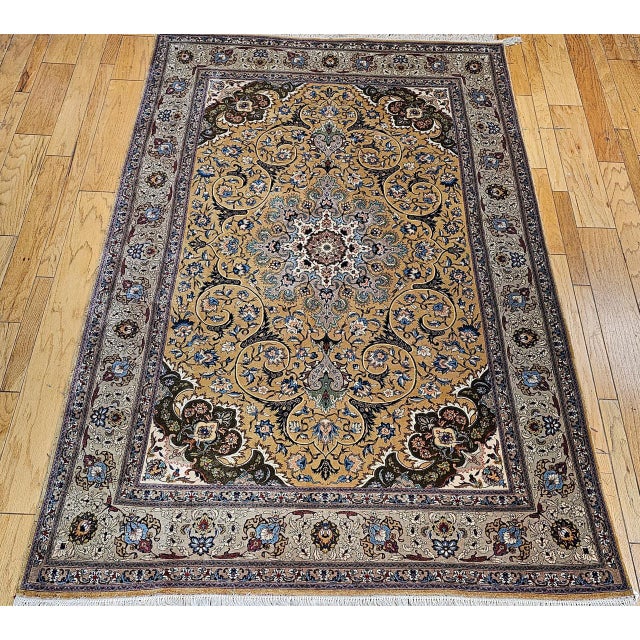 Vintage Persian Tabriz Rug, Hand-Knotted Wool, Floral Pattern, Moss Green & Caramel, 7x10 For Sale - Image 13 of 18