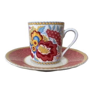 Vintage French Porcelain Coffee Espresso Tea Cup and Saucer With Red and Floral Botanical Design by Valdrome Limoges