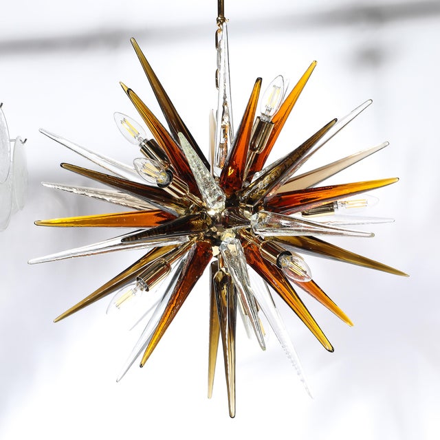 Modernist Mixed Hand-Blown Murano Glass Spike Form Sputnik Chandelier W/ Brass For Sale - Image 14 of 18