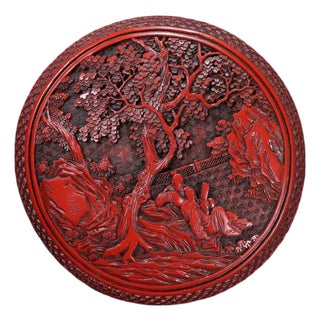 Late 20th Century Carved Cinnabar Lacquer Box With Landscape and Scholar Scene For Sale