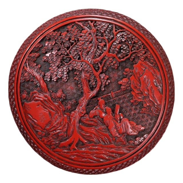 Late 20th Century Carved Cinnabar Lacquer Box With Landscape and Scholar Scene For Sale
