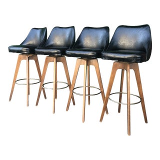 Mid Century Modern Black Vinyl Bar Stools- Set of 4 For Sale