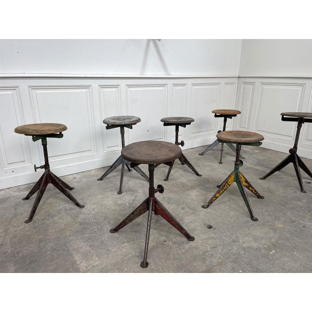 Beautiful and extremely rare set composed of several old industrial workshop stools dating from the 1950s, attributed to...