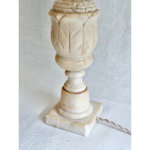 Alabaster Vintage Italian Carved Alabaster Table Lamp With Linen Shade For Sale - Image 8 of 10