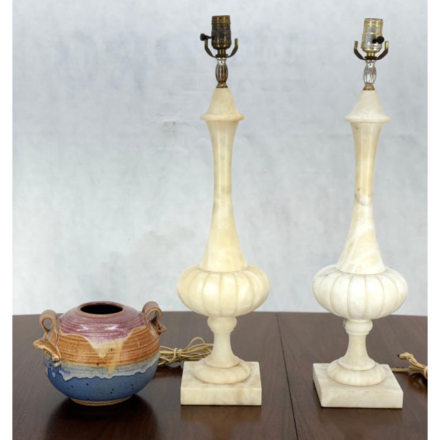 Pair of Fine Elegant Alabaster Marble Onion Shape Bases Table Lamps Clean! For Sale - Image 13 of 13