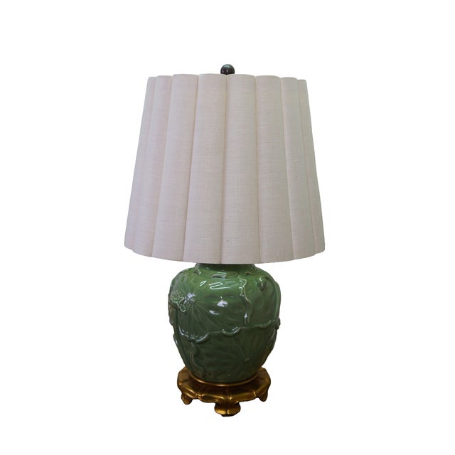 Mid-Century Modern Vintage Marbro Celadon Green Porcelain Lotus Flower Ginger Jar Lamp 30" For Sale - Image 3 of 16