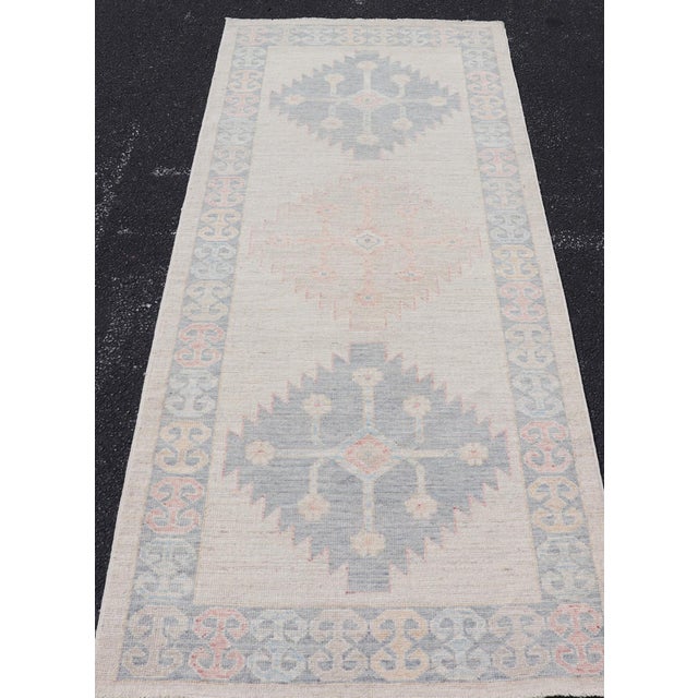 White Modern Oushak Runner by Keivan Woven Arts in Soft Blue and Pale Peach 3'1 X 7'1 For Sale - Image 8 of 12