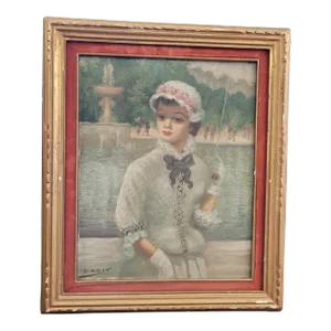 1950s French Portrait Painting of a Girl With a Parasol, Framed