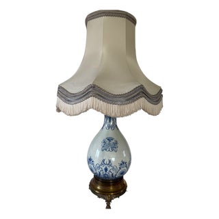 Lamp in Blue Earthenware with Bronze Tripod Base and Passementerie Lampshade, 19th Century For Sale