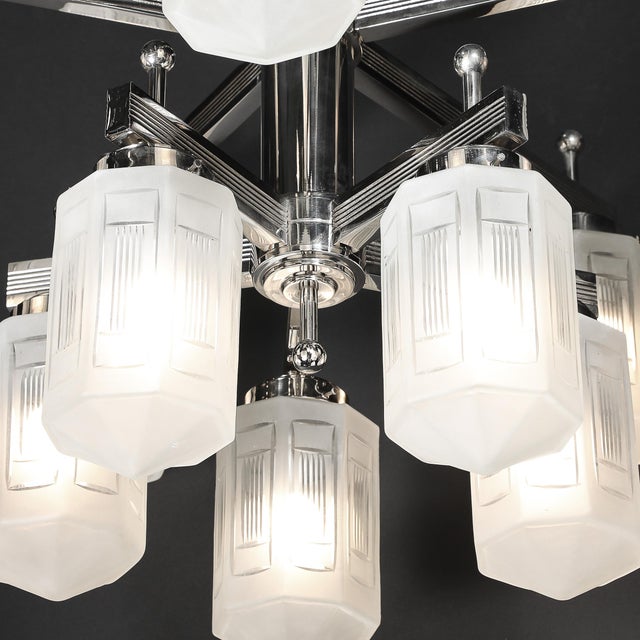Art Deco Style 10 Arm Frosted & Etched Glass Chandelier W/ Polished Nickel Frame For Sale - Image 16 of 18