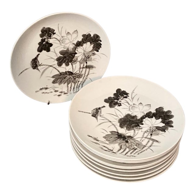 Mid 20th Century Mid Century Modern Dorthy Thorpe China With Water Lilies and Birds 10 Medium Plates For Sale