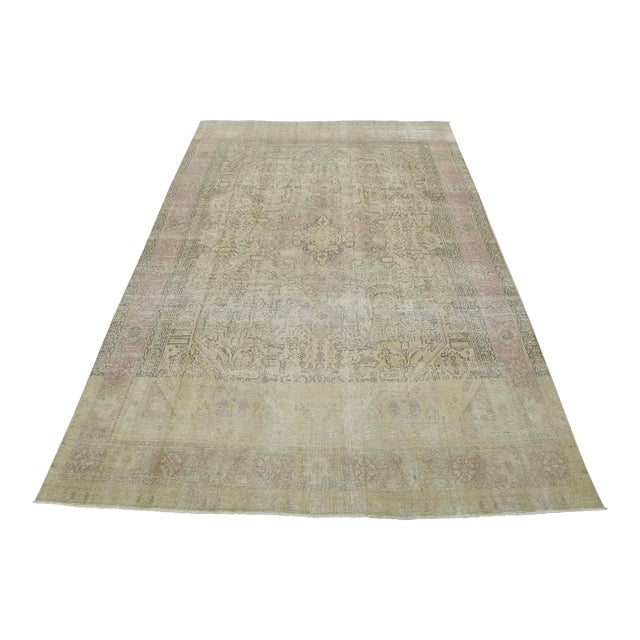 Tabriz Rug 9’3” X 12’4” Beige Wool Vintage Distressed Hand-Knotted Carpet For Sale