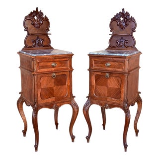 Antique French Mahogany Night Stands with marble top and crest, 1900, A Pair For Sale