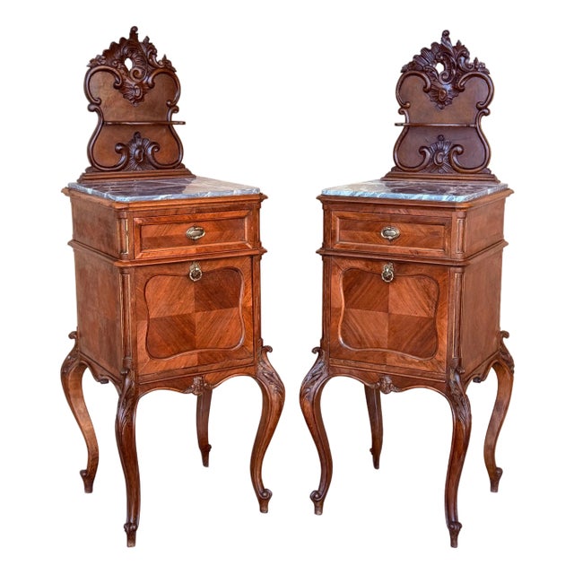 Antique French Mahogany Night Stands with marble top and crest, 1900, A Pair For Sale