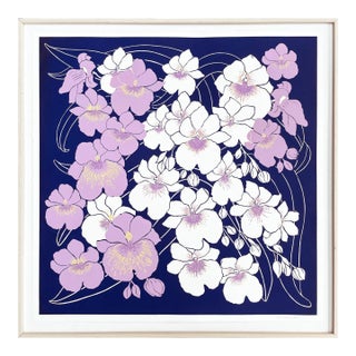 Orchid Cascade, Hand Silk-Screened Framed Botanical Art Print, Indigo Blue and Mauve For Sale