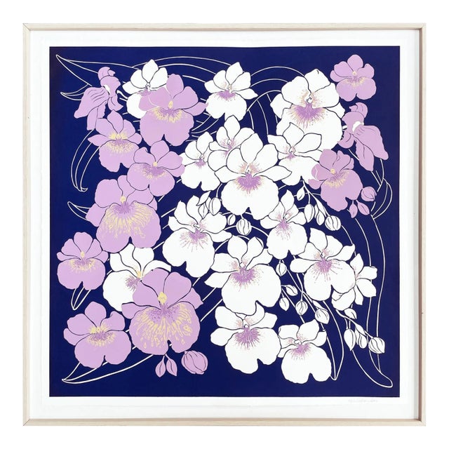 Orchid Cascade, Hand Silk-Screened Framed Botanical Art Print, Indigo Blue and Mauve For Sale