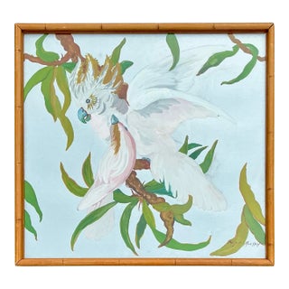Late 20th Century Vintage Coastal Original Oil Painting of Cockatoo on Board For Sale