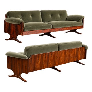 Brazilian Modern Sculpted Sofa in Rosewood & Celadon Mohair by Novo Rumo, Brazil, 1960s — Lot 365 For Sale