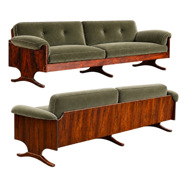 Brazilian Modern Sculpted Sofa in Rosewood & Celadon Mohair by Novo Rumo, Brazil, 1960s — Lot 365 For Sale