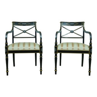 Pair Kindel Black Decorated Regency Open Armchairs For Sale