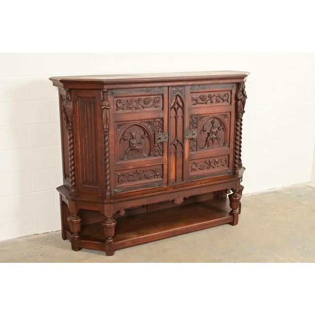Antique French Gothic Revival Oak Bar Cabinet With Carved Figures, Circa 1890s For Sale - Image 4 of 14