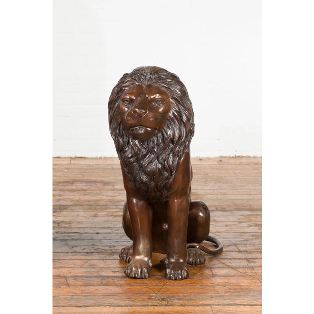 Bronze Contemporary Lost Wax Cast Outdoor Sitting Lions with Dark Bronze Patina - A Pair For Sale - Image 8 of 13