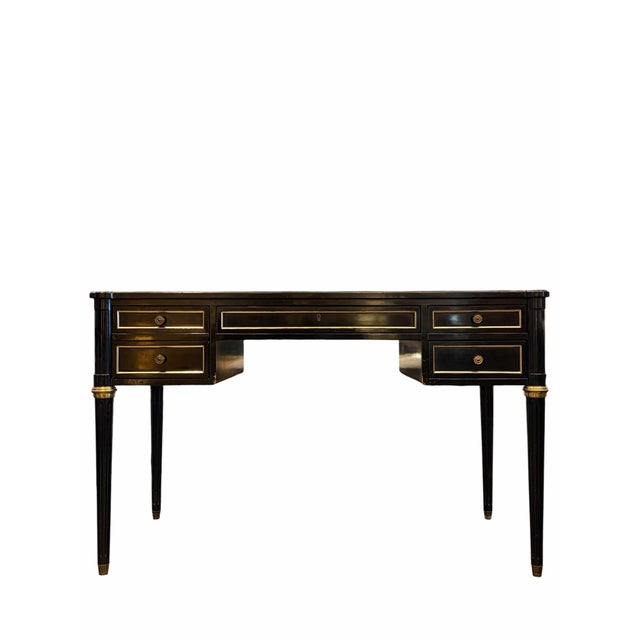 Elegant Federal-style writing desk finished in a rich black lacquer, accompanied by a matching chair. The desk features...