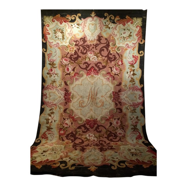 Antique French Aubusson Rug, Handwoven Wool, Floral Design, Powdered-Blue & Rose, 9' X 14' For Sale