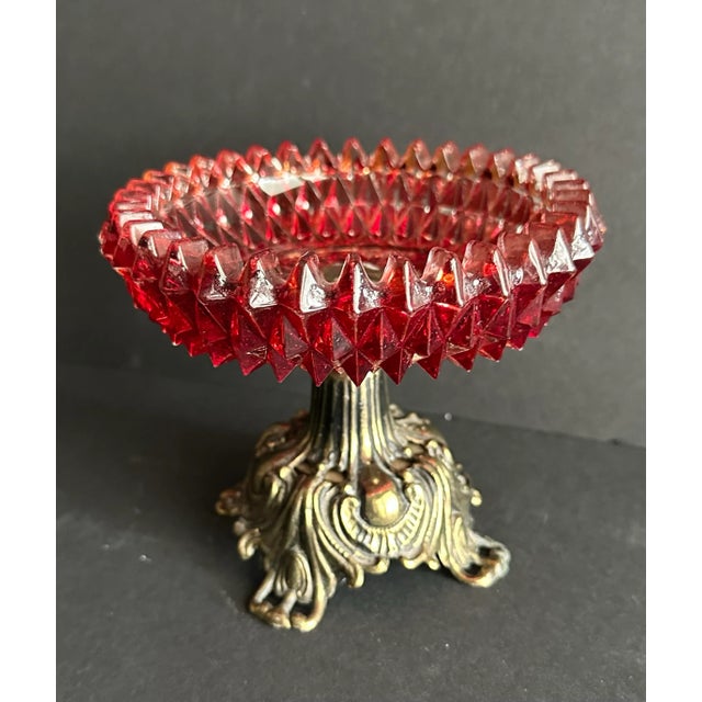 Ruby Red Vintage 1973 Brass Footed Ruby Red Diamond Cut Glass Compote Dish For Sale - Image 8 of 12