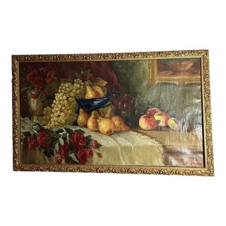 1940s Tabletop Still Life Oil Painting with Fruit by Tatiana Marvina, Framed For Sale