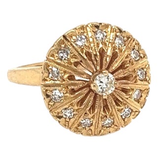 Mid 20th Century Diamonds 14k Yellow Gold Fancy Round Floral Ring - Size 4.5 For Sale