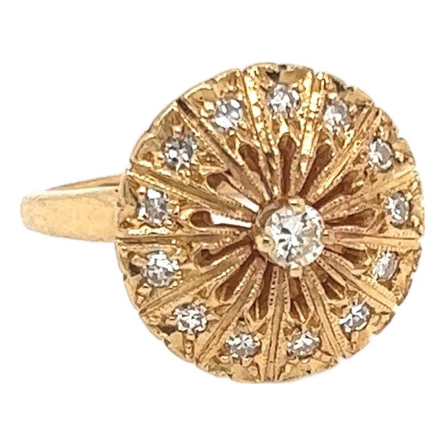 Mid 20th Century Diamonds 14k Yellow Gold Fancy Round Floral Ring - Size 4.5 For Sale