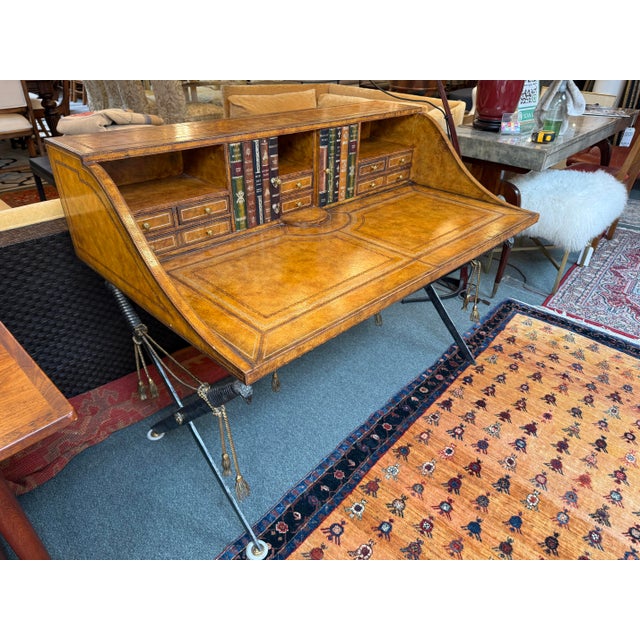 Campaign Maitland-Smith Leather Clad British Campaign Desk With Steel Sword Base, Vintage For Sale - Image 3 of 12