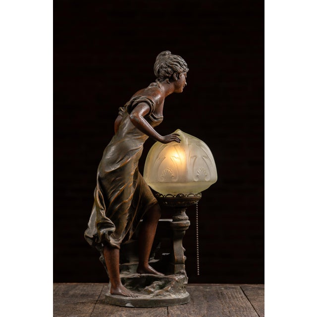 1910s Art Nouveau Figural Lamp With Uranium Glass Shade by Anglade For Sale In Chicago - Image 6 of 14