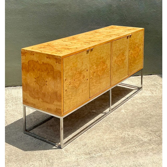 Mid-Century Modern Vintage Bernhardt “Flair” Burl Wood Credenza on Chrome Base For Sale - Image 3 of 12