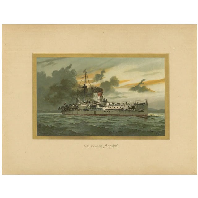 H. Graf, SMS Sachsen, German Coastal Defense Ship, 1903, Chromolithograph For Sale