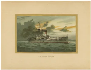 H. Graf, SMS Sachsen, German Coastal Defense Ship, 1903, Chromolithograph