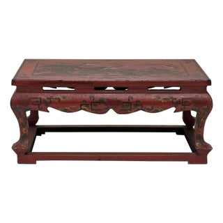 Vintage Distressed Red White Cranes Pine Graphic Rectangular Stand Table For Sale