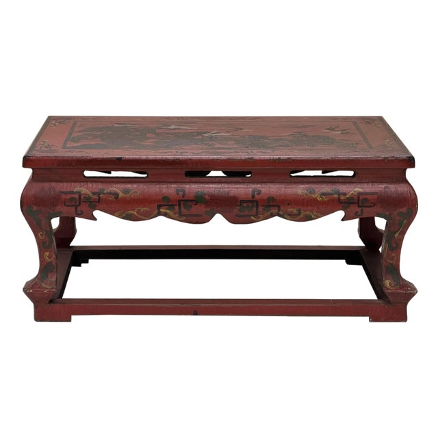 Vintage Distressed Red White Cranes Pine Graphic Rectangular Stand Table For Sale